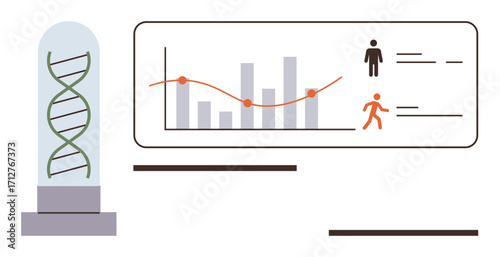 DNA strand, bar chart, trend line, human figures highlight scientific data analysis. Ideal for genetics, data science, research, healthcare innovation biotechnology education. Simple flat metaphor