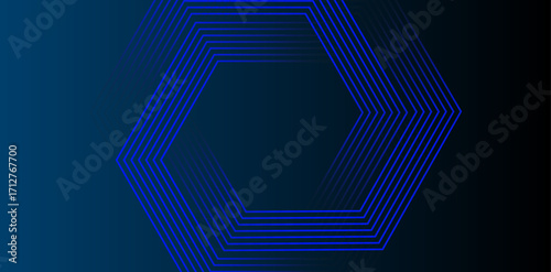 Bold blue linear hexagons create a striking pattern against a dark gradient backdrop, providing a modern and visually engaging geometric design element for various applications