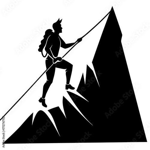 Climber ascending steep mountain peak climbing rope