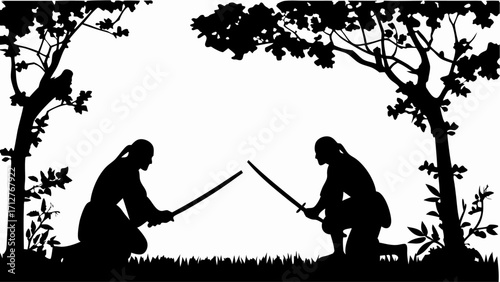 Silhouette of two samurai warriors kneeling and facing each other with swords under trees in nature scene | editable eps vectors