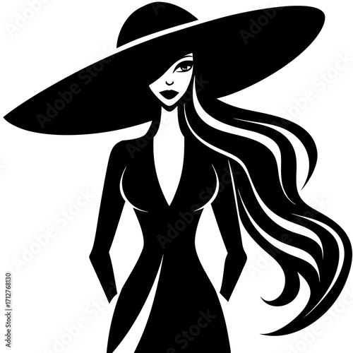 Elegant woman with flowing hair and wide brim hat silhouette
