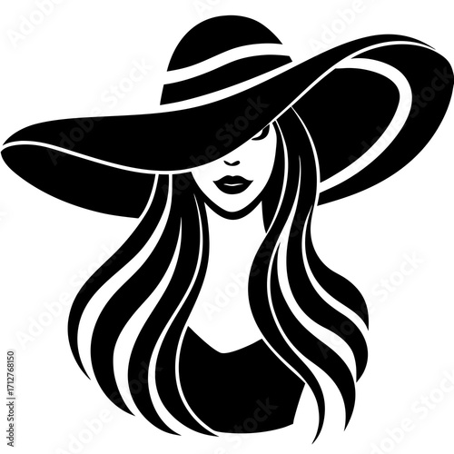 Elegant woman with wide brim hat and flowing hair silhouette