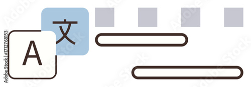 Language selection blocks with alphabet and character icons, text entry bars, and modular interface layout. Ideal for translation, communication, globalization, education, software, UI simple flat