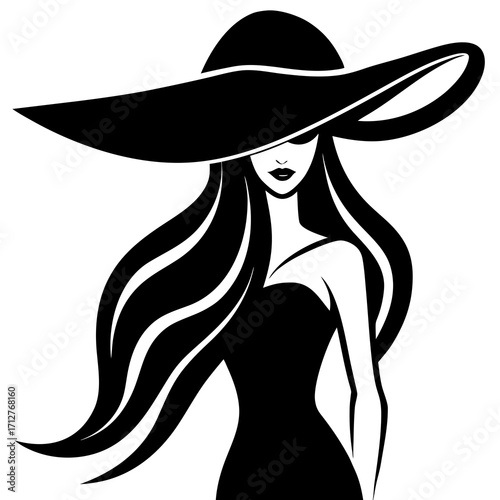 Elegant woman with wide brim hat and flowing hair silhouette
