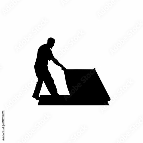 Silhouette of installer sliding sheet into position on rooftop isolated on white background