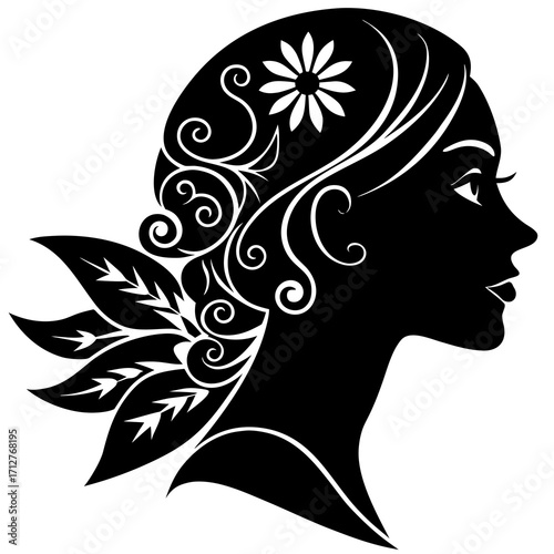 Elegant woman profile with floral hair adornment silhouette