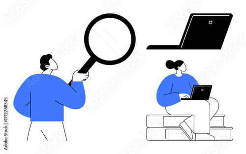 Person holding magnifying glass examining details, laptop for research, woman on books working remotely. Ideal for research, education, analysis, technology, knowledge exploration, study remote work