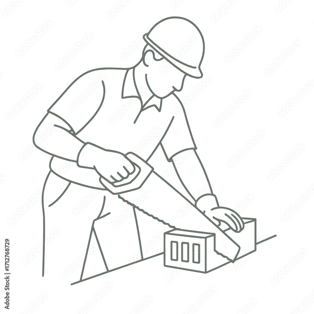 Obraz premium Worker cutting brick with saw in construction setting 