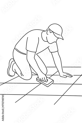 Worker cleaning tiled floor with sponge in minimal line art style  