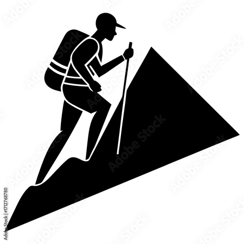 Hiker climbing mountain peak silhouette backpack