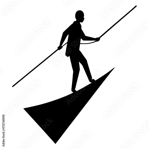 Human balancing on tightrope with pole silhouette person