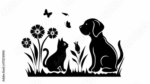 Silhouette of a dog and cat sitting in a field with flowers and butterflies, black and white design art | editable eps vectors