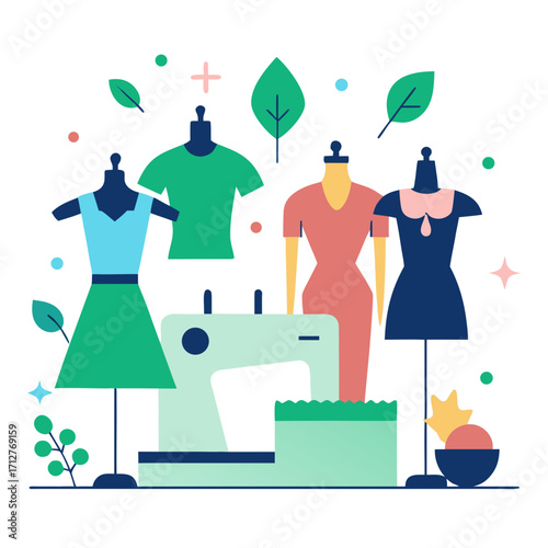 Mannequins sewing machine leaves fashion studio