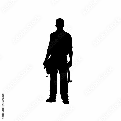 Silhouette of a construction worker with a tool belt isolated on white background