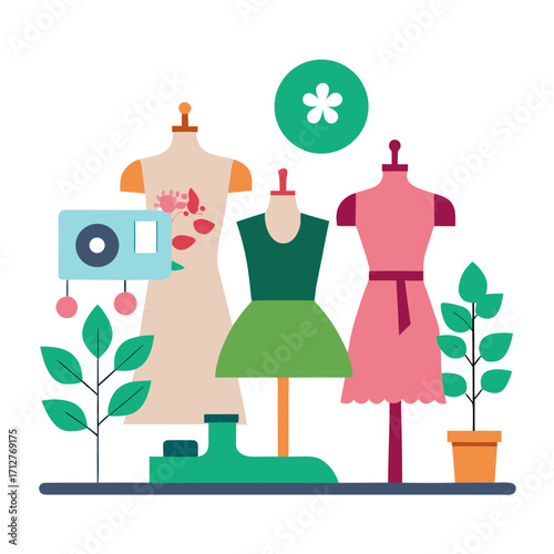 Mannequins with dresses camera plants fashion studio