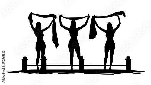 Silhouette of three women holding scarves above their heads standing on a low wall in black and white | editable eps vectors