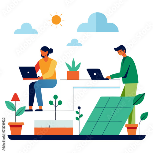People working on laptops in urban garden rooftop
