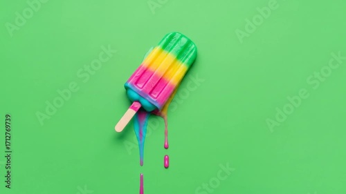 A vibrant rainbow popsicle melts on a bright green surface.