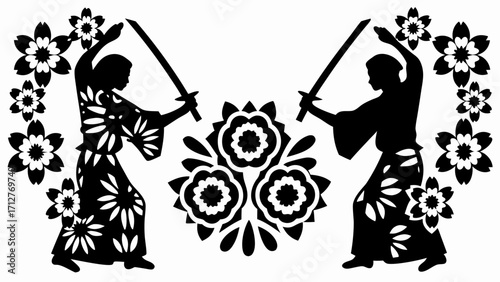 Two silhouetted figures in kimonos wielding swords surrounded by floral patterns and flower designs | editable eps vectors