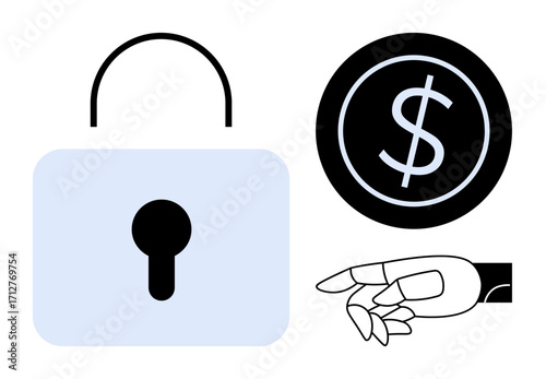 Blue lock symbolizing security, dollar coin for finance, robotic hand for technology. Ideal for finance, technology, cybersecurity, innovation, digital safety AI and fintech themes. Simple flat