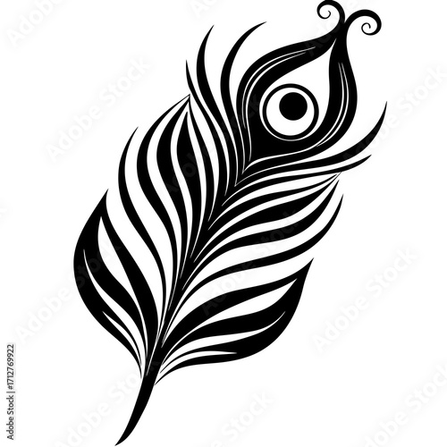 Stylized peacock feather silhouette black and white