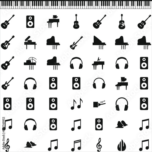 Collection of musical instruments and audio equipment icons and symbols, perfect for music-related design projects