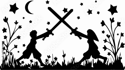 Silhouetted figures duel with swords under a moonlit sky surrounded by stars and floral elements in black and white | editable eps vectors