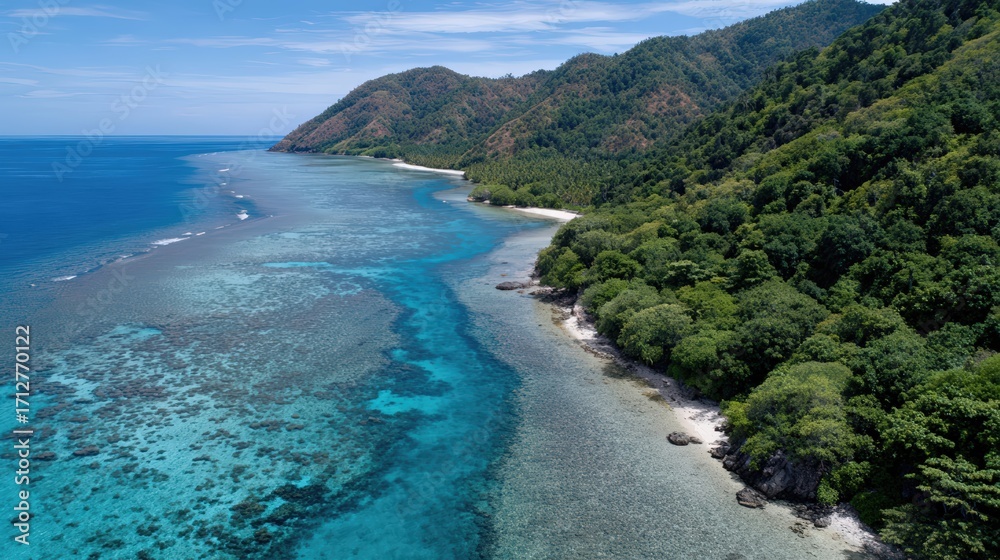 Fototapeta premium Serene tropical coastline with lush green hills and clear blue waters