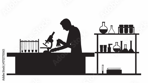 Silhouette of scientist working with microscope and glassware in laboratory setting with shelves and tubes | editable eps vectors