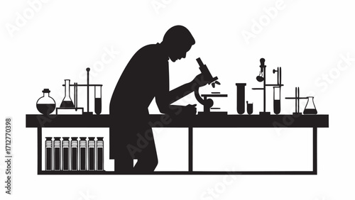 Silhouette of scientist using microscope with laboratory glassware on table in a research setting | editable eps vectors