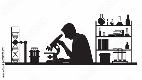 Silhouette of scientist using microscope with dna model and lab equipment on shelves in background view | editable eps vectors