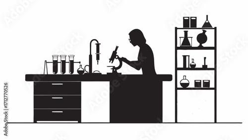 Silhouette of a scientist working in a laboratory with microscope test tubes and various lab equipment present | editable eps vectors