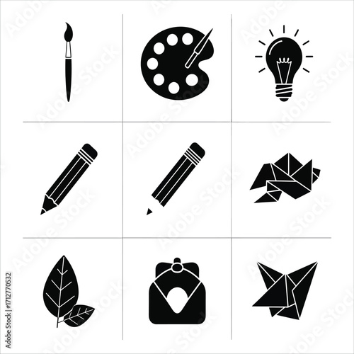 Creative Art and Design Icons Brush, Palette, Lightbulb, Pencils, Origami, Leaves, Envelope, and Ideas