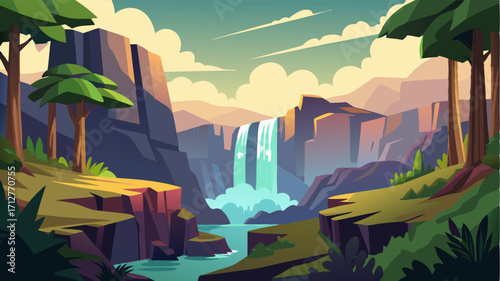A dramatic view of a tropical waterfall surrounded by a natural amphitheater of towering cliffs and a canopy of lush trees.