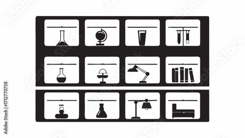 Black and white illustration of a shelf with various objects in different compartments displayed neatly | editable eps vectors silhouette