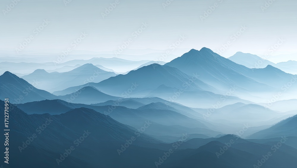 Obraz premium Misty mountain range, serene blue tones