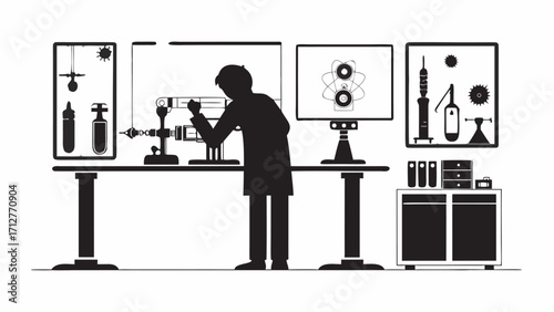 Illustration of a scientist silhouette working in a laboratory with equipment and monitors on the table | editable eps vectors