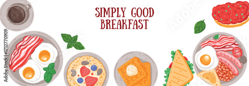 Breakfast, brunch vector illustration. Hand drawn flat food style.  Top view. Menu, package, logo, design template.