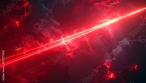 Red laser beams through dark clouds