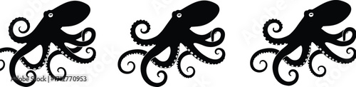 Black octopus silhouette illustration, whimsical marine animal vector, underwater sea creature art, tentacle graphic design, aquatic wildlife drawing with heart detail