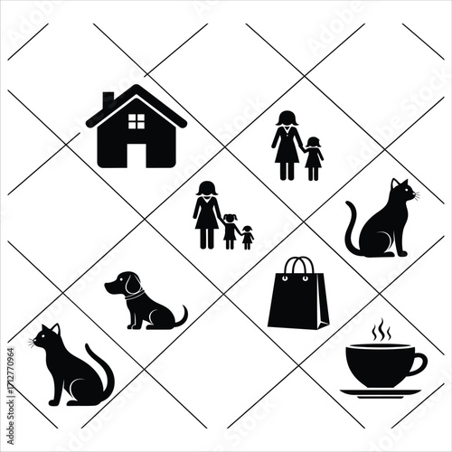 Comprehensive collection of minimalist black silhouette vector icons representing everyday life elements including home, family, pets, shopping, and beverages, ideal for modern design projects