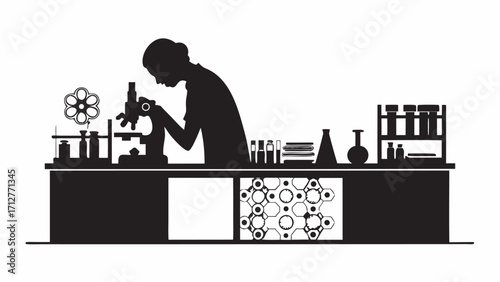 Silhouette of a scientist using a microscope in a lab with beakers and test tubes on a table top view | editable eps vectors