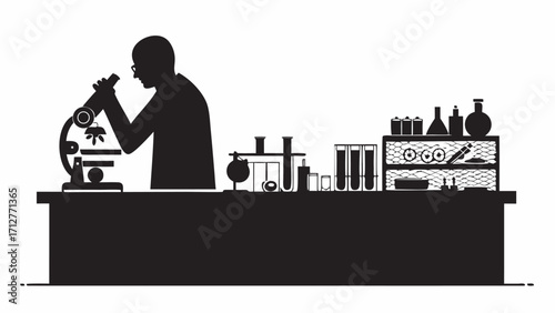 Silhouette of scientist using microscope in laboratory with glassware and equipment on table shown | editable eps vectors