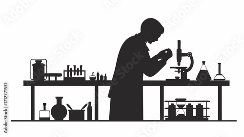 Silhouette of a scientist in a lab coat examining a slide under a microscope with lab equipment around | editable eps vectors
