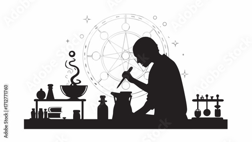 Silhouette of alchemist working at table with tools and cauldron in front of a magical circle design | editable eps vectors