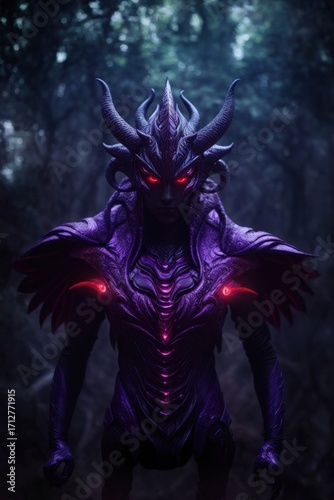 3D rendering of fantasy creature in dark forest with red lights