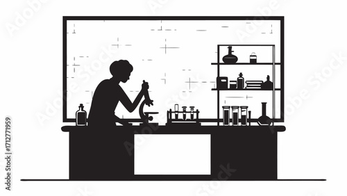 Silhouette of a scientist using a microscope in a laboratory with shelves and test tubes visible in black and white | editable eps vectors