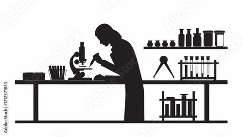 Silhouette of scientist working with microscope and lab equipment in a laboratory setting shown in black | editable eps vectors