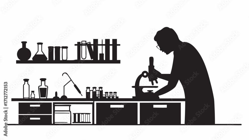 Fototapeta premium Silhouette of scientist using microscope in lab with glassware on shelves and counter in black and white style | editable eps vectors