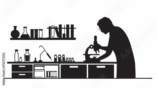 Silhouette of scientist using microscope in lab with glassware on shelves and counter in black and white style | editable eps vectors